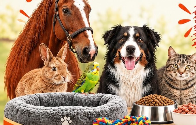 Lagerabverkauf Kaysser Heimtiernahrung Hund, Katze, Kaninchen, Wellensittich und Pferd vor Futternäpfen – Lagerabverkauf bei Kaysser